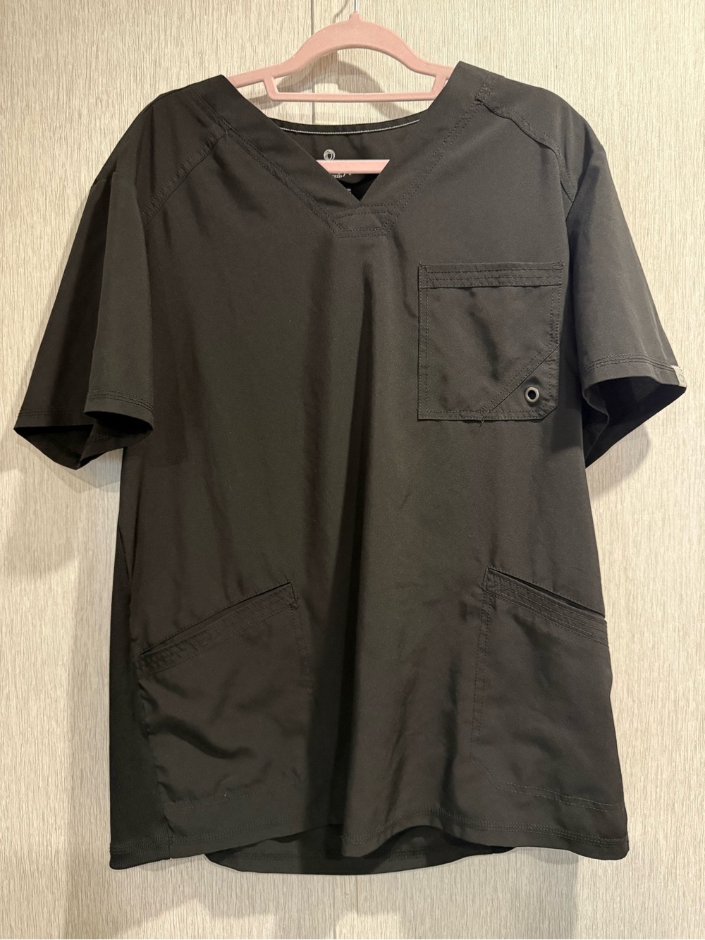 Black V-Neck Short Sleeve Work Top with Chest Pocket